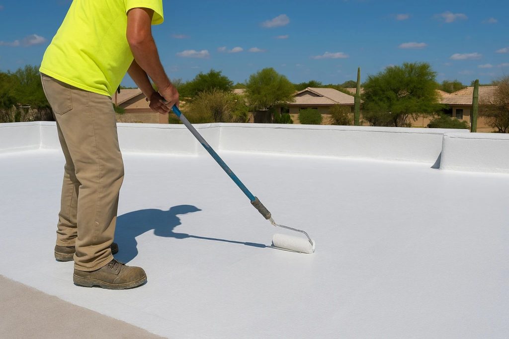 Roof coatings being applied to a flat roof in Peoria to protect against heat and sun damage